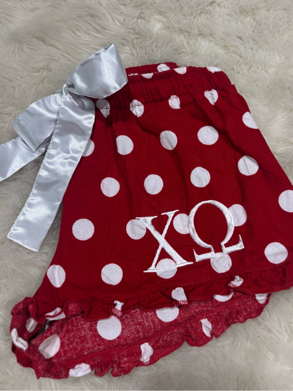 Chi Omega  Red Polka Dot boxer shorts with White Satin Bow